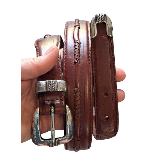 Brown Genuine Leather Western Belt Unisex Silver Engraved Buckle & Tips Size 38 - Picture 1 of 9